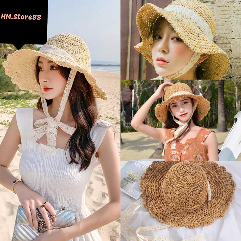 Mũ nón vành cói phối ren buộc nơ đi biển cho nữ MCL02