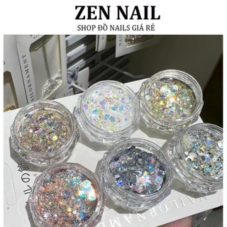 Set nhũ, phụ kiện kim tuyến trắng ánh bảy màu 12 hũ