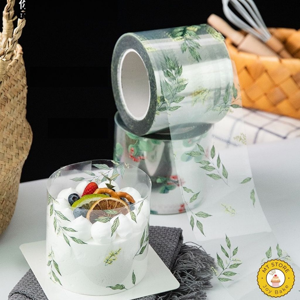 Bọc viền bánh lạnh hoa lá cao 10cm, mica cuộn thành bánh lá xanh hoa nhỏ
