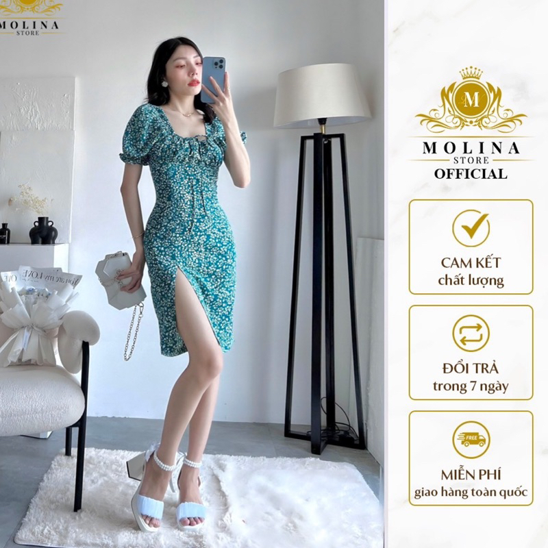 Đầm ôm xẻ đùi Thiết Kế Molina Dáng Ngắn, Họa Tiết Hoa Nhí Chất mango Mềm Mại
