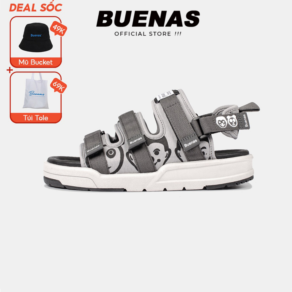 Giày sandal nam nữ unisex đi học quai ngang Buenas Sport 6868 ghi đế cao 3 phân