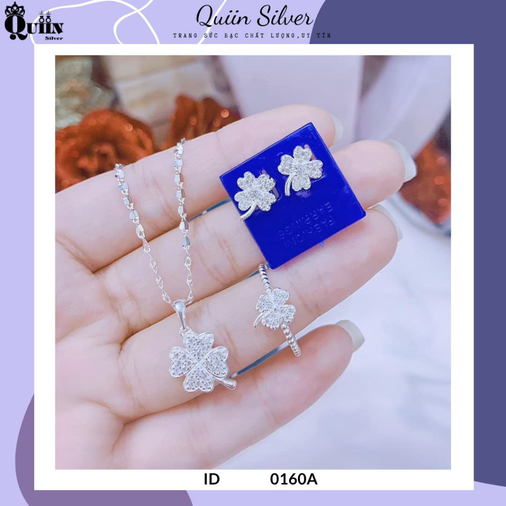 Bộ trang sức bạc ta, bạc S925 Quiin - Dây chuyền, nhẫn, bông tai hình cỏ bốn lá dành cho nữ 0160A