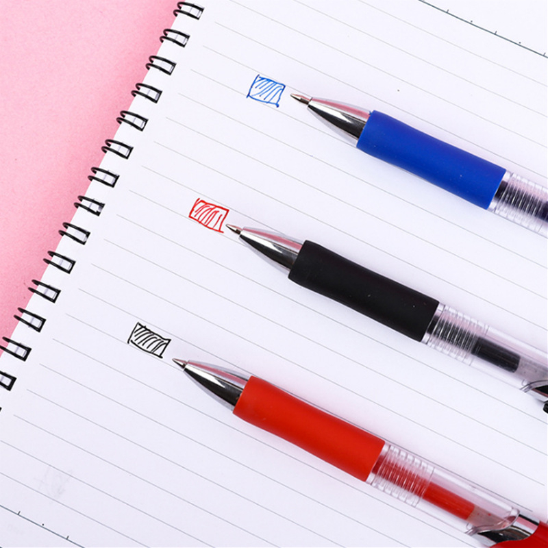 Bút gel mực nước ngòi 0.5mm đen, đỏ, xanh tiện dụng, bút bi nước mực gel 3 màu K35 trong suốt nút bấm nắp cài đơn giản