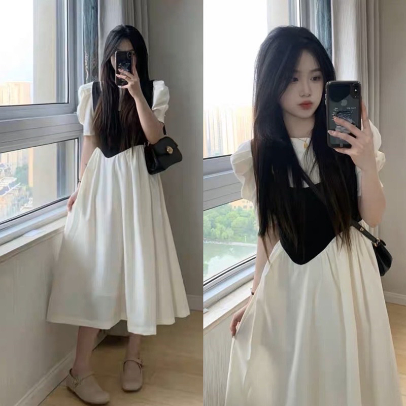 Váy Thô Phối Yếm Ngực Liền Tay Bồng Dáng Dài