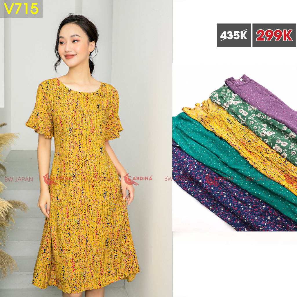 Đầm nữ CARDINA chất lanh tre cao cấp cổ tròn tay cộc dáng váy suông tay loe họa tiết hoa nhẹ nhàng có dây chiết eo
