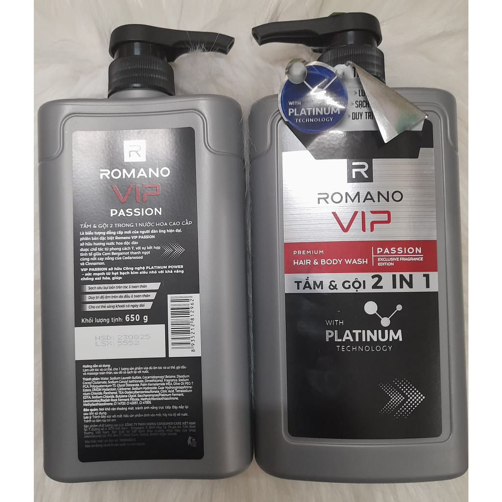 Tắm và gội 2in1 Romano Vip Vision-Pasison hương Nước Hoa cao cấp 650g/chai