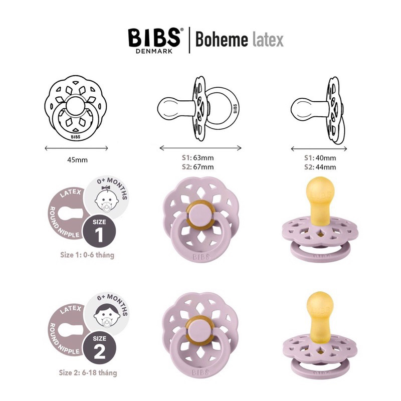 TI NGẬM BIBS BOHEME, TI GIẢ BOHEME CHÍNH HÃNG NÚM CAO SU TRÒN SIZE 1-2