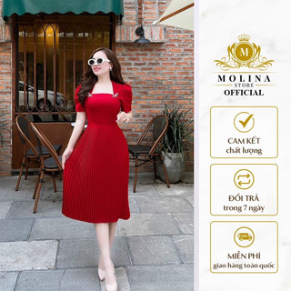 Đầm Nữ Xếp Ly nơ đá Thiết Kế Molina Hai Lớp Chất Tuyết Mưa Dày Dặn Tôn Dáng, Phong Cách Thanh Lịch Sang Trọng