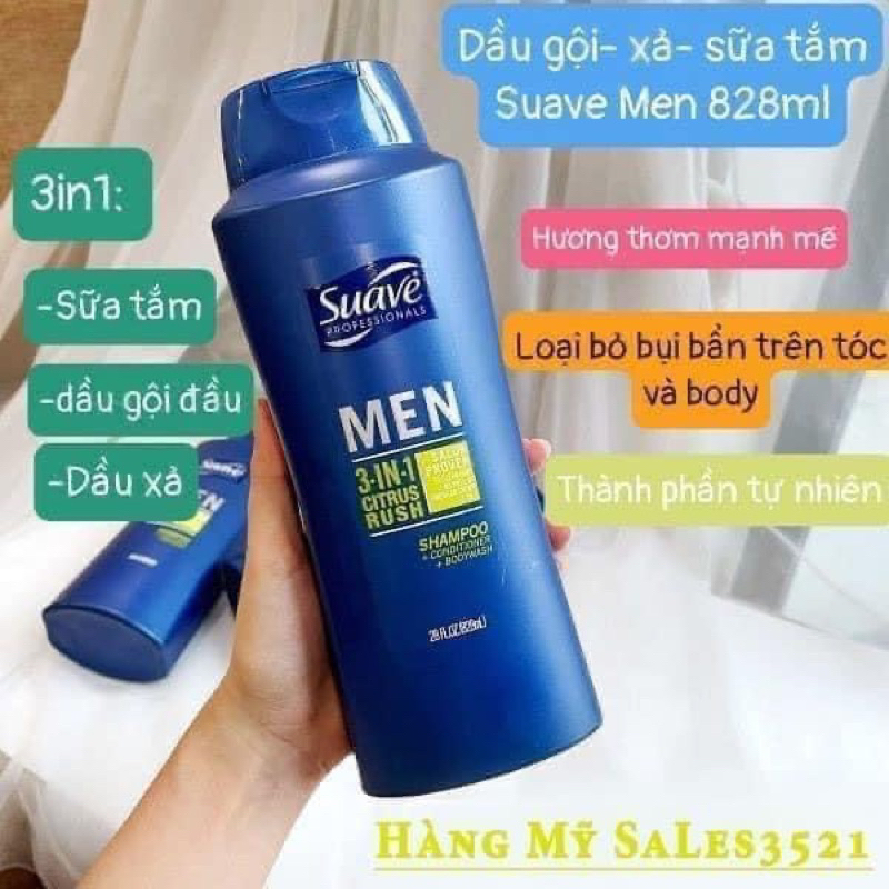DẦU GỘI -SỮA TẮM- DẦU XÃ SUAVE CHO NAM -SUAVE 3 IN 1 PROFESSIONALS MEN 828ML