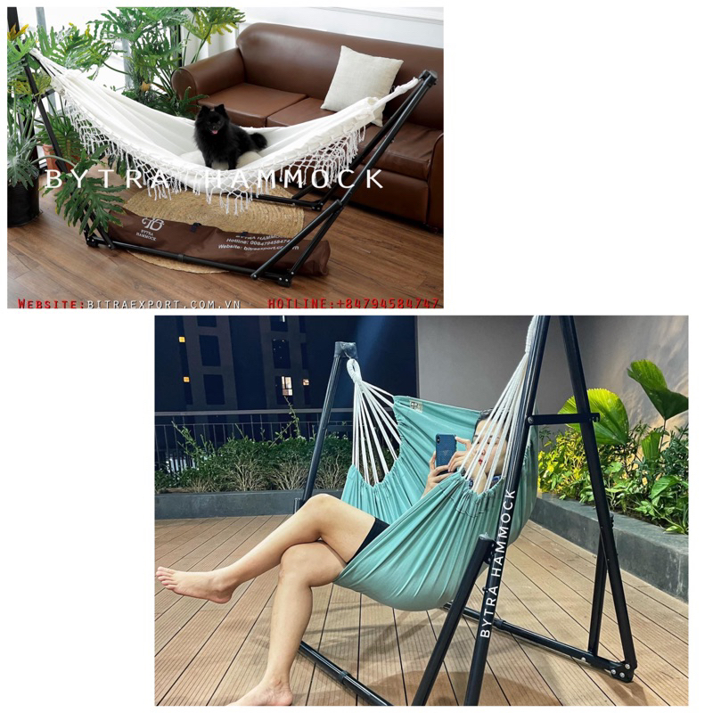 Bộ võng xếp đa năng bao gồm 1 khung võng xếp, 1 lưới võng nằm canvas tua rua và 1 lưới võng ngồi