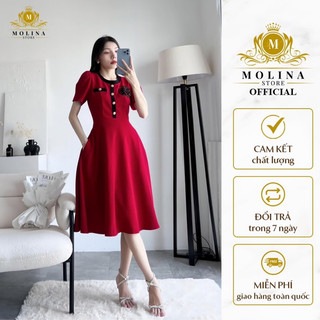 Đầm Nữ dáng xoè đính nơ hoa trà Thiết Kế Molina Chất Tuyết Mưa Dày Dặn Tôn Dáng, Phong Cách Thanh Lịch Sang Trọng