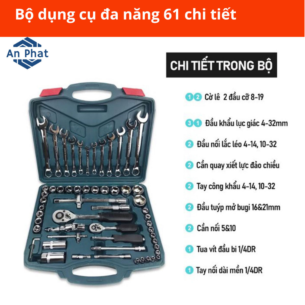 Bộ dụng cụ sửa chữa đa năng 61 chi tiết Tháo mở ốc vít, bu lông, sữa chữa ô tô xe máy, sửa chữa đồ gia dụng