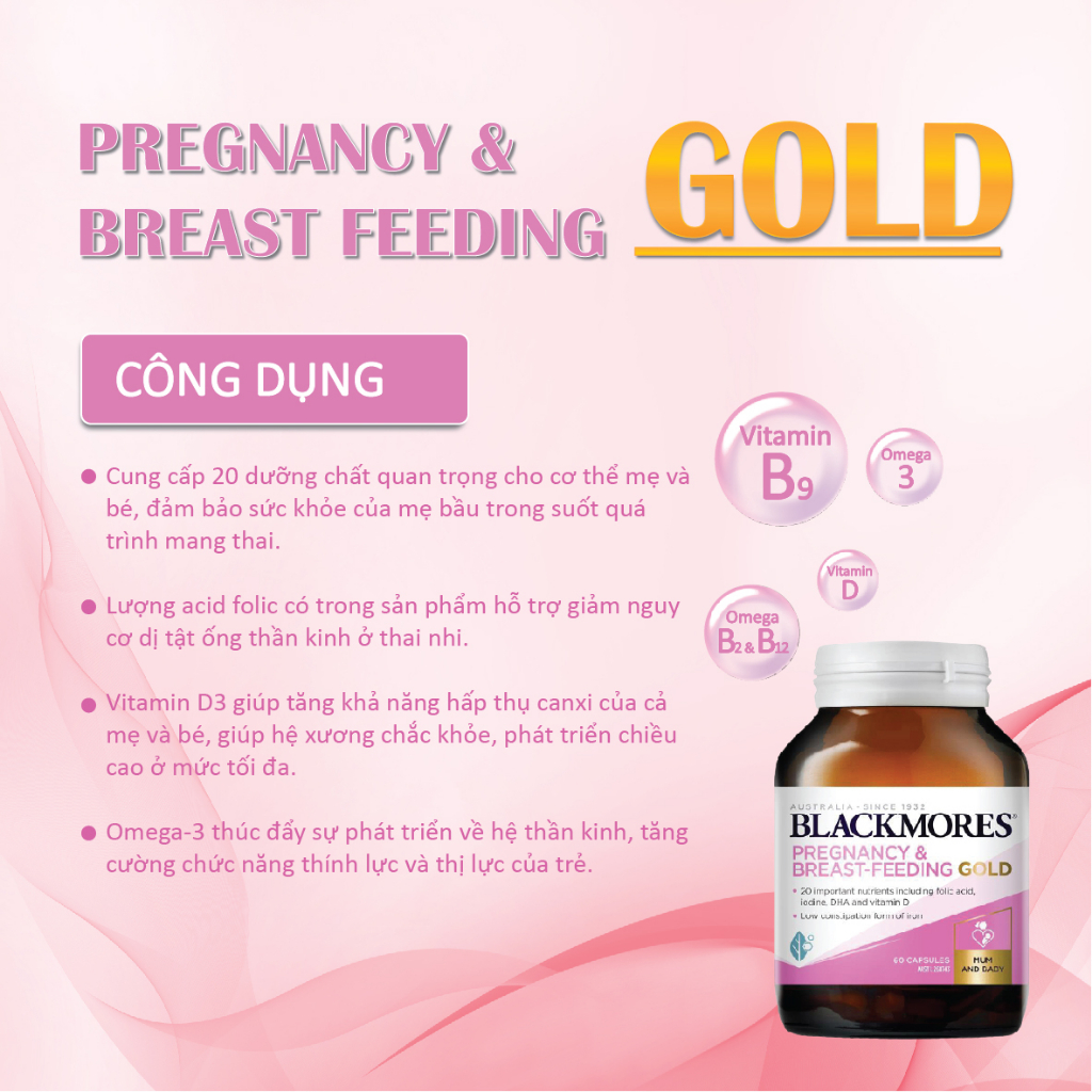 Viên uống Blackmores Pregnancy And Breast Feeding Gold bổ sung dưỡng chất cho bà bầu 180 viên của Úc