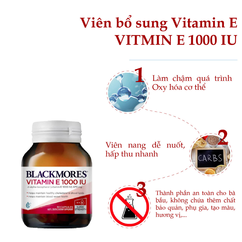 Viên uống bổ sung vitamin E tự nhiên Blackmores Vitamin E 1000IU giúp đẹp da, đẹp tóc 30 viên của Úc