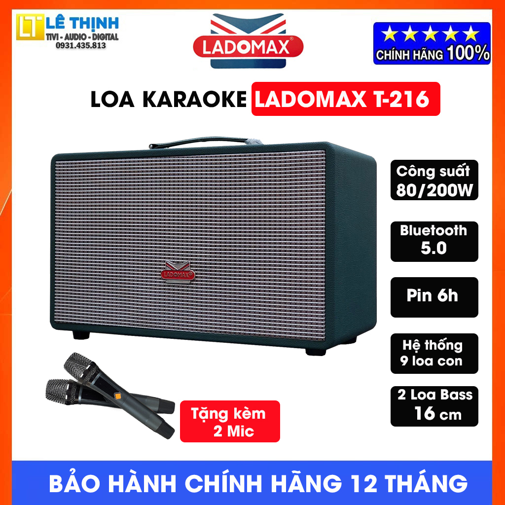 Loa Karaoke xách tay Ladomax T-216 | Công suất 200W, Bluetooth 5.0, 2 Bass 16cm, Pin 6h, Tặng kèm 2 micro