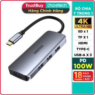 Hub chuyển đổi 7 trong 1, cổng type c to hdmi 4k, type-c 100w, 3 cổng usb 3.0, sd/tf choetech hub-m19 - hàng chính hãng