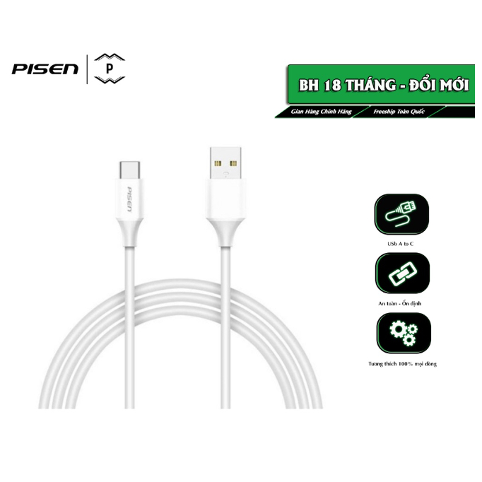 Cáp Pisen USB Type-C 3A (TC05-1000, Quick Charging)1000mm, trắng - Hàng chính hãng
