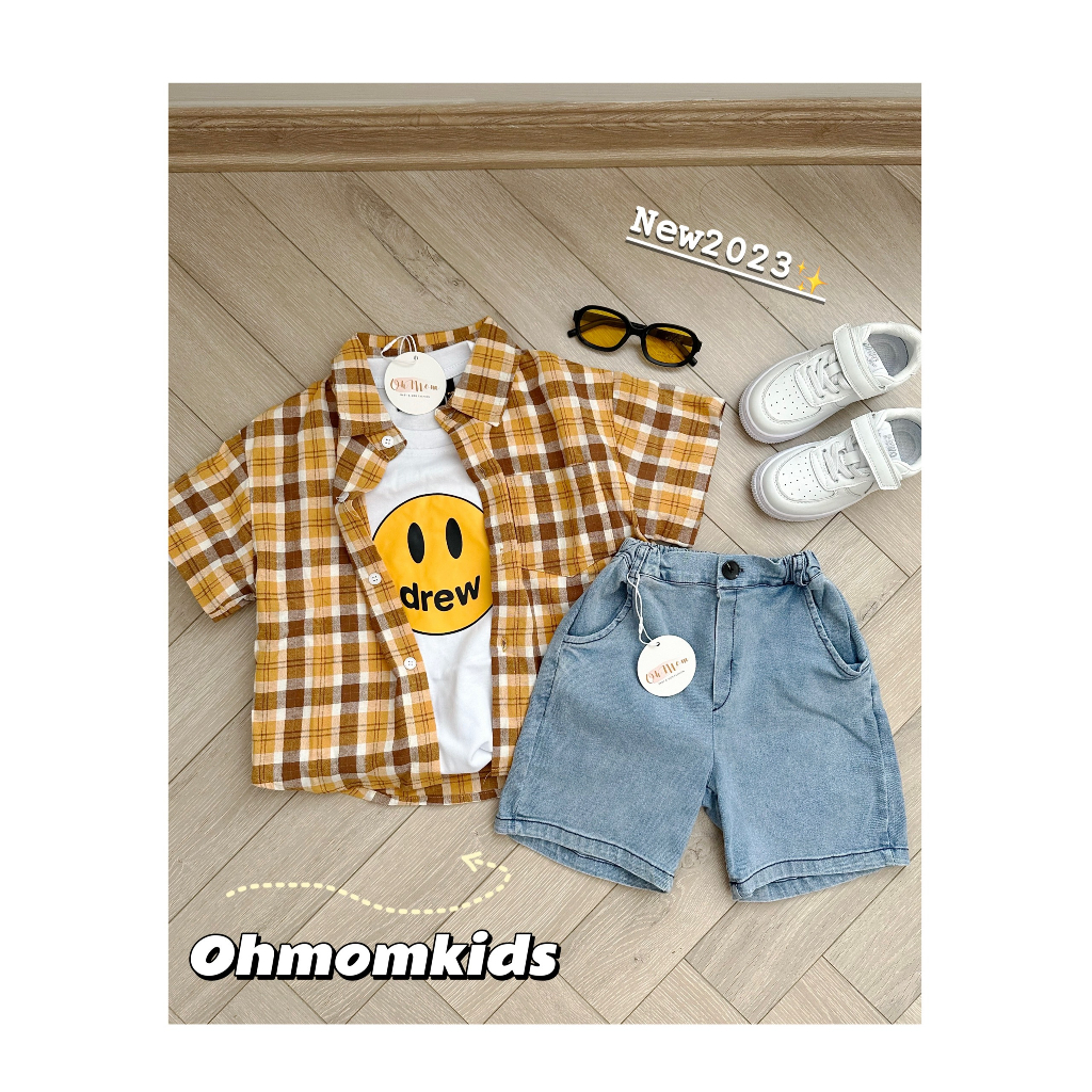 Áo sơ mi caro tay ngắn style Hàn Quốc cho bé trai | Short jeans lưng thun cho bé trai [Hình thật]