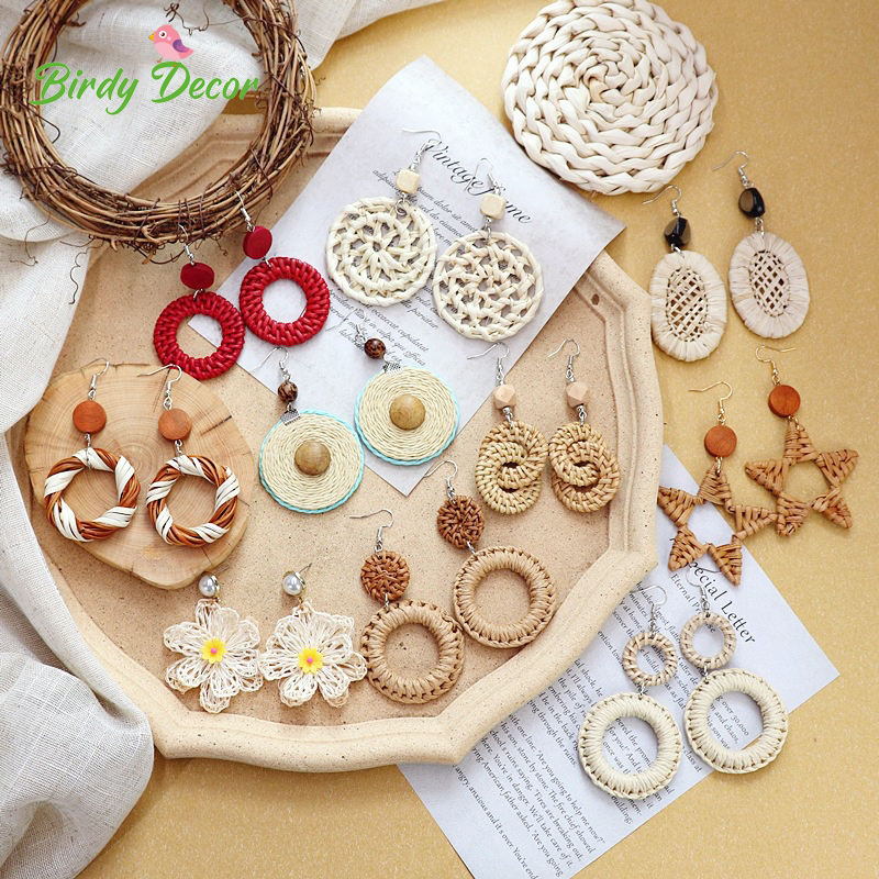 Khuyên tai nữ mây tre đan đi chơi biển du lịch, bộ 2 chiếc bông tai móc hình tròn hoa dài oval phong cách Bohemian/ Boho