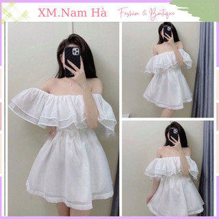 Váy trắng Trễ Vai Voan Tơ Bồng, Đầm trắng Xòe màu trắng 2 Lớp công chúa tiểu thư sang choảnh