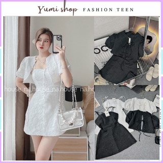 Set đầm trắng 2 dây gấm hoa kèm áo khoác croptop,váy trắng tiểu thư tay bồng xịn sò.