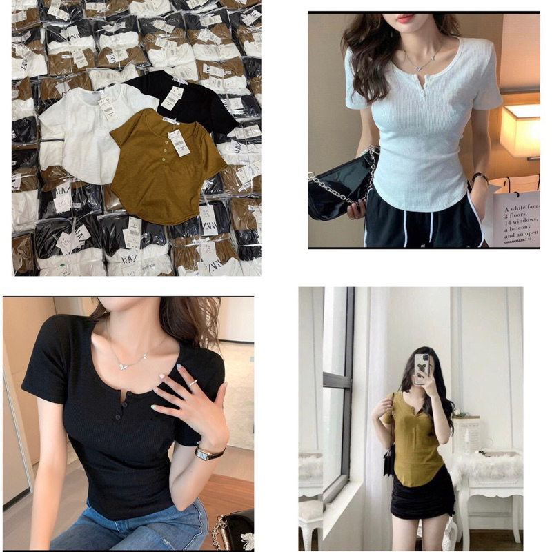Set 3 Áo Thun Body Vạt Bầu Ngắn Tay Cài Cúc Kiểu Bozip Đuôi Tôm Hàn Quốc