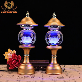 [HÀNG SẴN] CẶP 2 CÂY ĐÈN LED HOA SEN PHA LÊ THỜ CÚNG TRANG TRÍ
