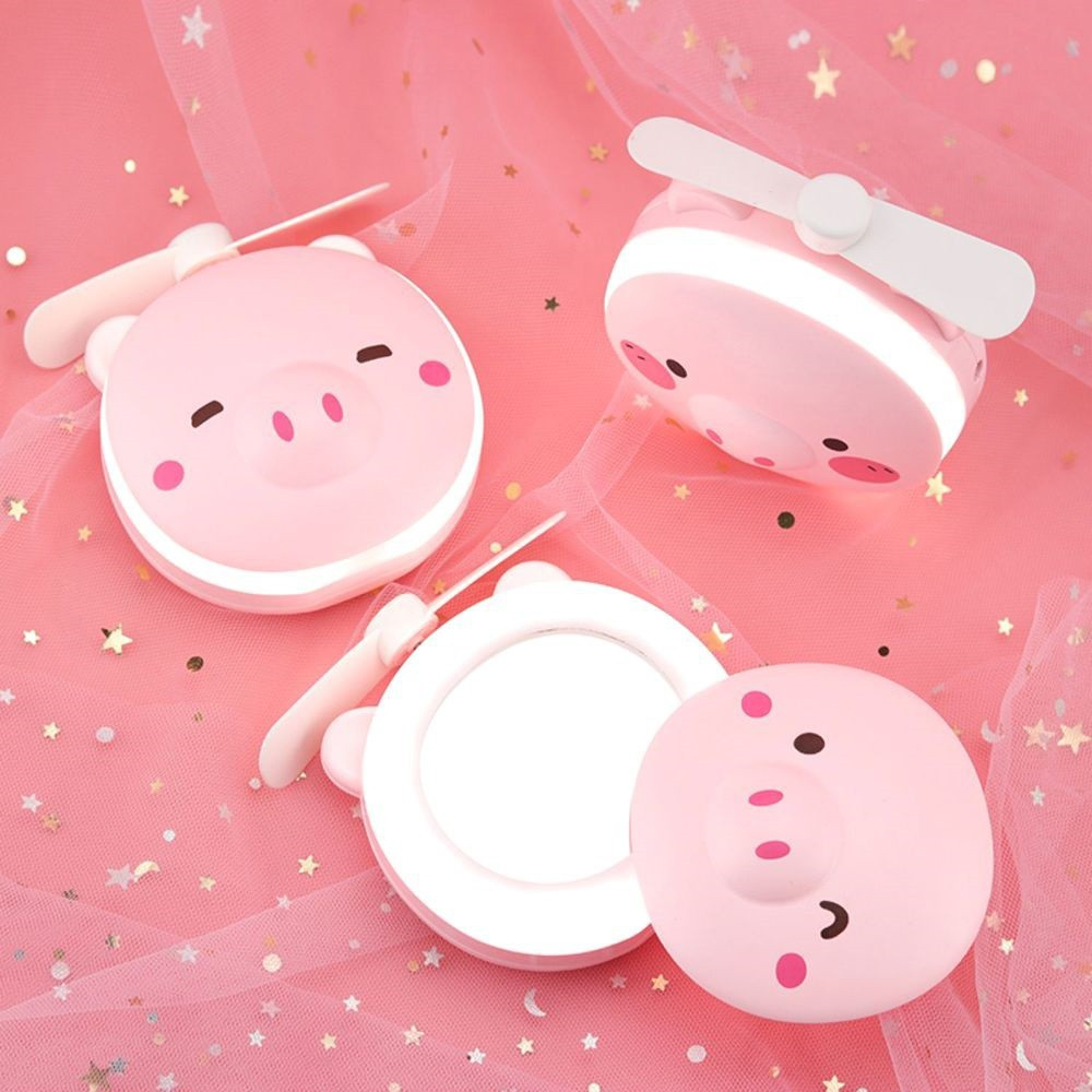 Quạt Mini Cầm Tay Hình Heo Con Kèm Gương Trang Điểm Tích Điện (Kèm Sạc) - Tongkhohuyhoang168