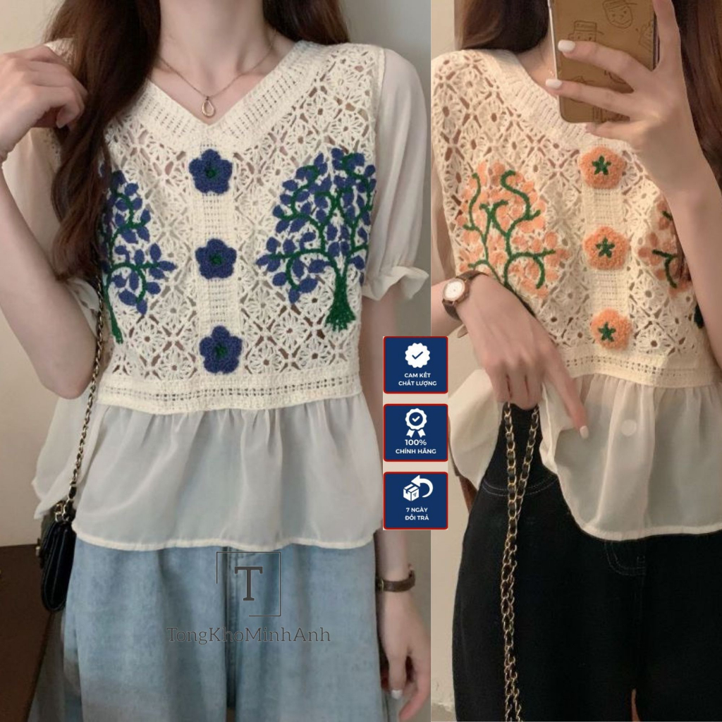 Áo Len Dệt Phối Voan Sơ Mi Cổ V Tay Bồng Siêu Xinh Họa Tiết Cây Hoa 2 Màu Phù Hợp Đi Chơi Đi Dạo Phố Tongkhominhanh