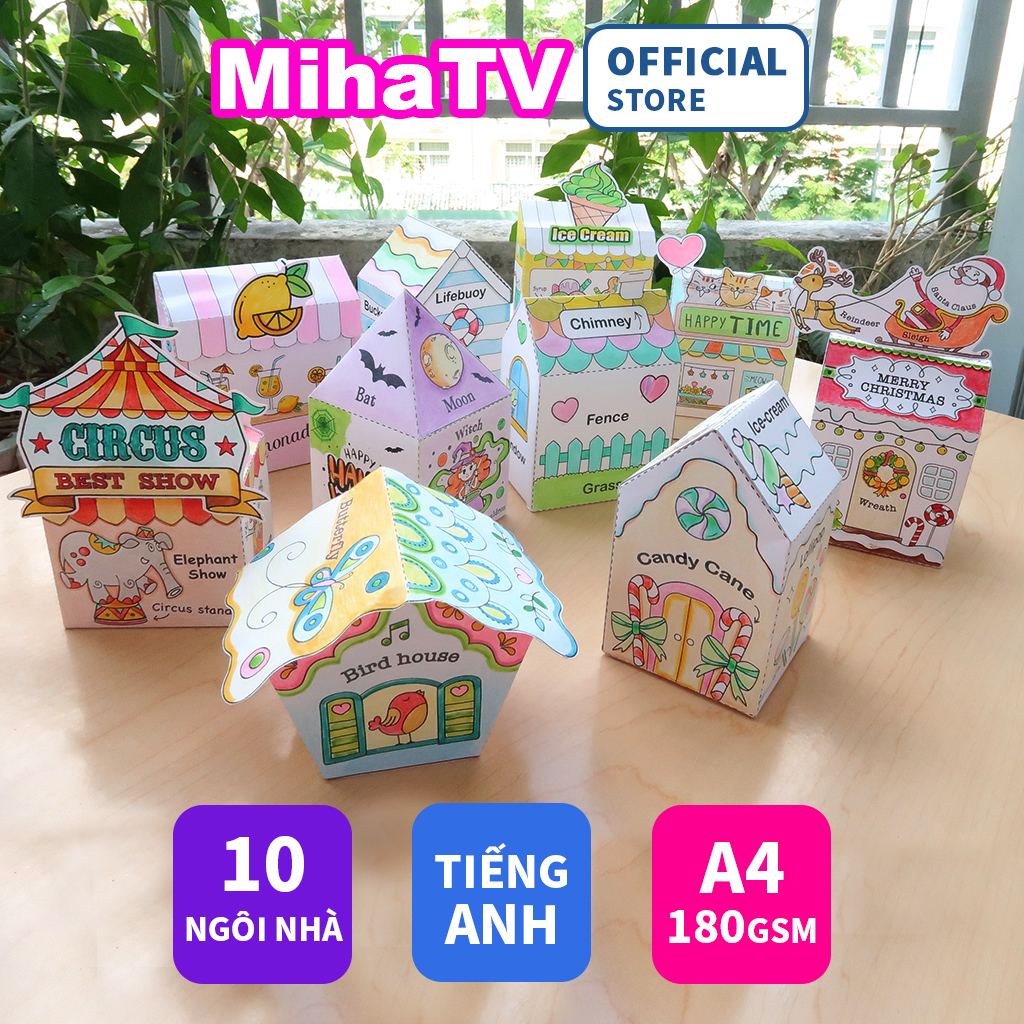 COMBO 10 NHÀ TIẾNG ANH tô màu cắt dán thủ công | MihaTV học liệu mỹ thuật sáng tạo | A4 180gsm