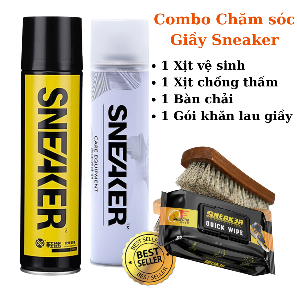 Bộ phụ kiện chăm sóc giày Sneaker dụng cụ 4 món gồm xịt vệ sinh, kháng thấm nước, bàn chải đánh, khăn giấy lau giầy dép.