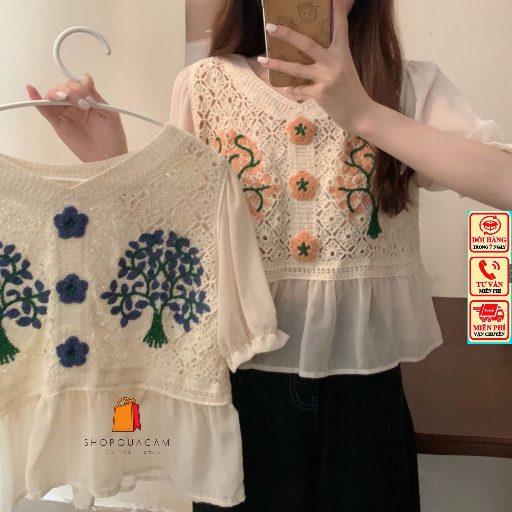 Áo Sơ Mi Voan Phối Kèm Len Đan Lỗ Siêu Mát Họa Tiết Cây Hoa 2 Màu Thiết Kế Cổ V Tay Ngắn Bồng Siêu Xinh Shopquacam