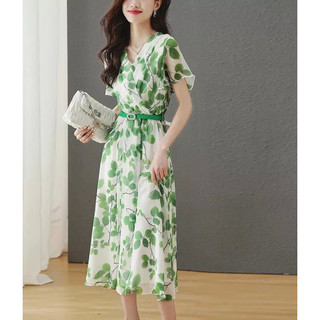 Đầm tơ Topshop voan hoa xanh lá kèm belt
