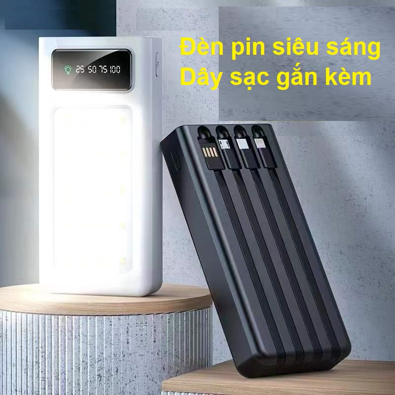 Sạc dự phòng 20000mah, đèn pin siêu sáng, dây sạc gắn liền sạc nhiều thiết bị cùng lúc