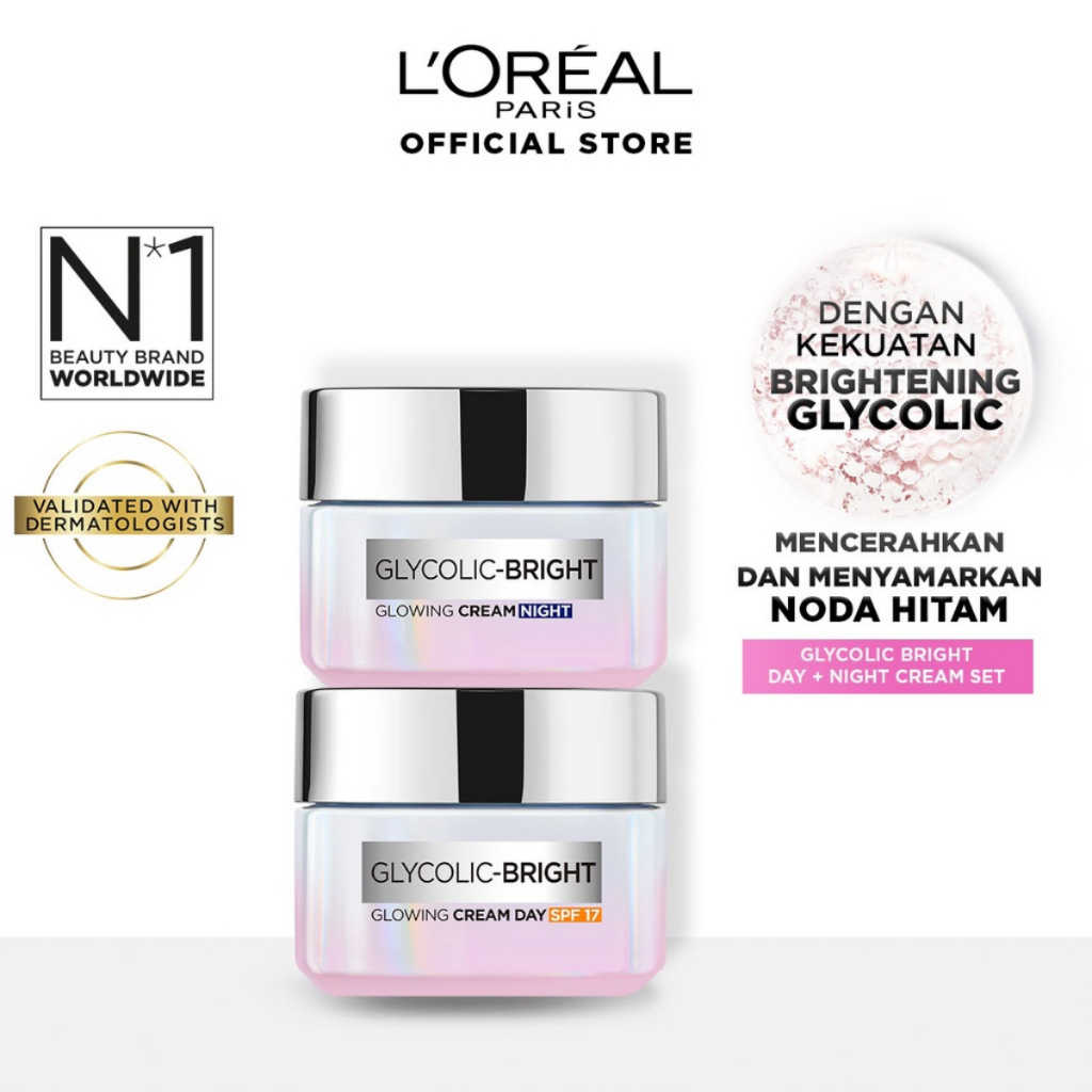 QUÀ TẶNG - Kem dưỡng sáng mờ thâm nám L'Oreal Paris Glycolic (AHA) Bright Ngày/Đêm, Kem dưỡng ẩm giảm nhăn L'Oreal Hya