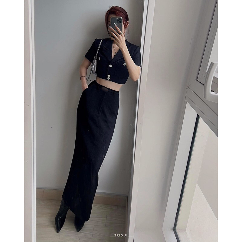 Set bộ cv dáng dài áo cổ vest 2 túi