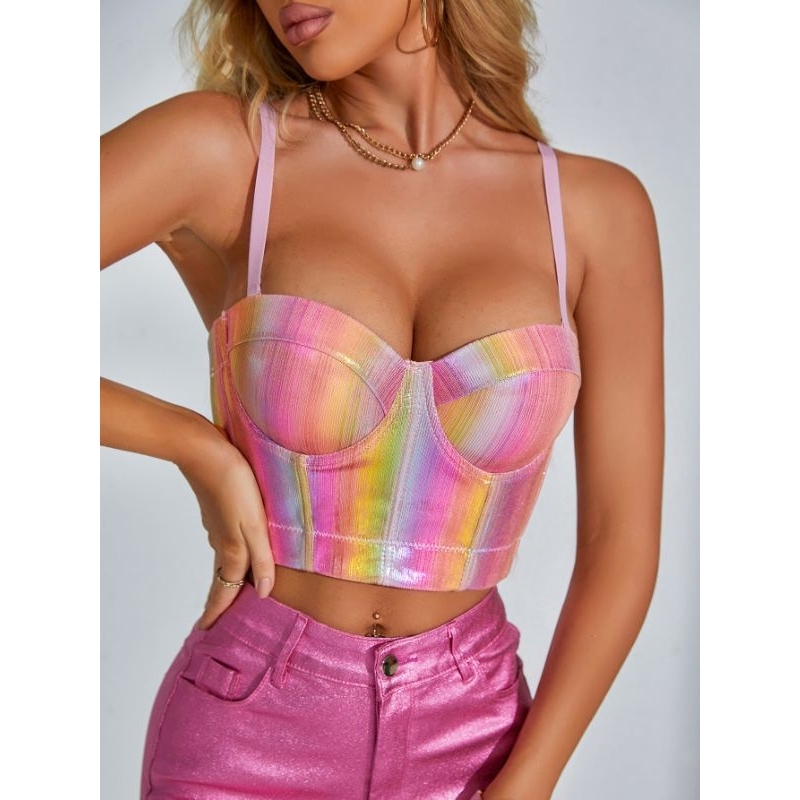 Áo corset 2 dây croptop HOLOGRAM nhũ óng ánh lấp lánh họa tiết cầu vồng nhiều màu sắc thời trang quyến rũ cho nữ