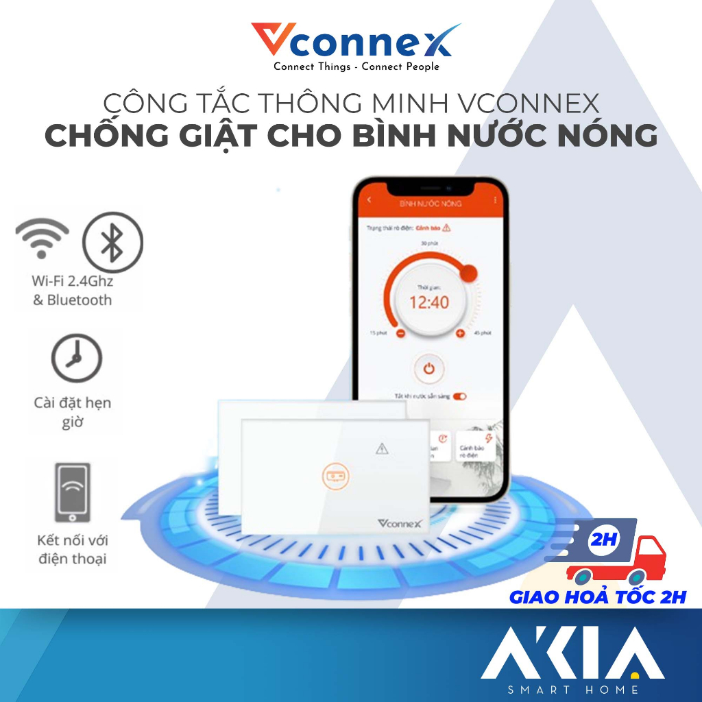 Công tắc chống giật cho bình nước nóng Vconnex, kết nối wifi và bluetooth, điều khiển từ xa, hẹn giờ bật/ tắt
