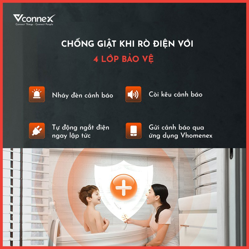 Công tắc chống giật cho bình nước nóng Vconnex, kết nối wifi và bluetooth, điều khiển từ xa, hẹn giờ bật/ tắt