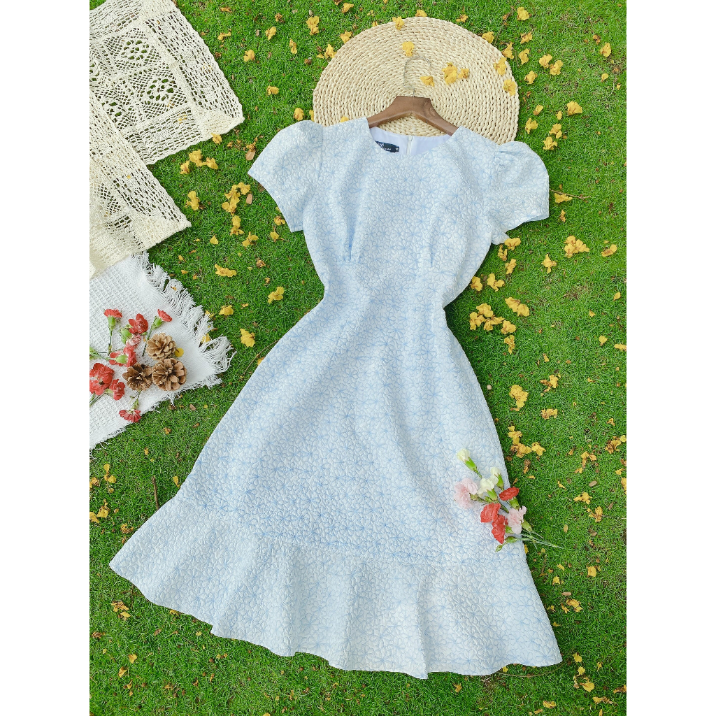 Đầm hoa nhí xanh xinh dáng xòe tay phồng thanh lịch đẹp thiết kế công sở đi làm đi chơi eo tôn dáng che bụng Lux W