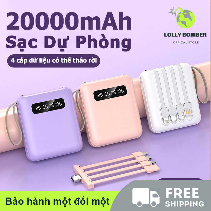 Sạc dự phòng mini 10000 mAh, màn hình LED hiển thị nguồn, đi kèm 4 dây sạc có thể tháo rời [hoả tốc]
