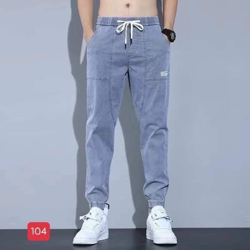 Quần Jean Nam chất liệu denim co giản 4 chiều có bo chun lưng thun dành cho nam chuẩn from chuẩn dáng size MS 104,61,74