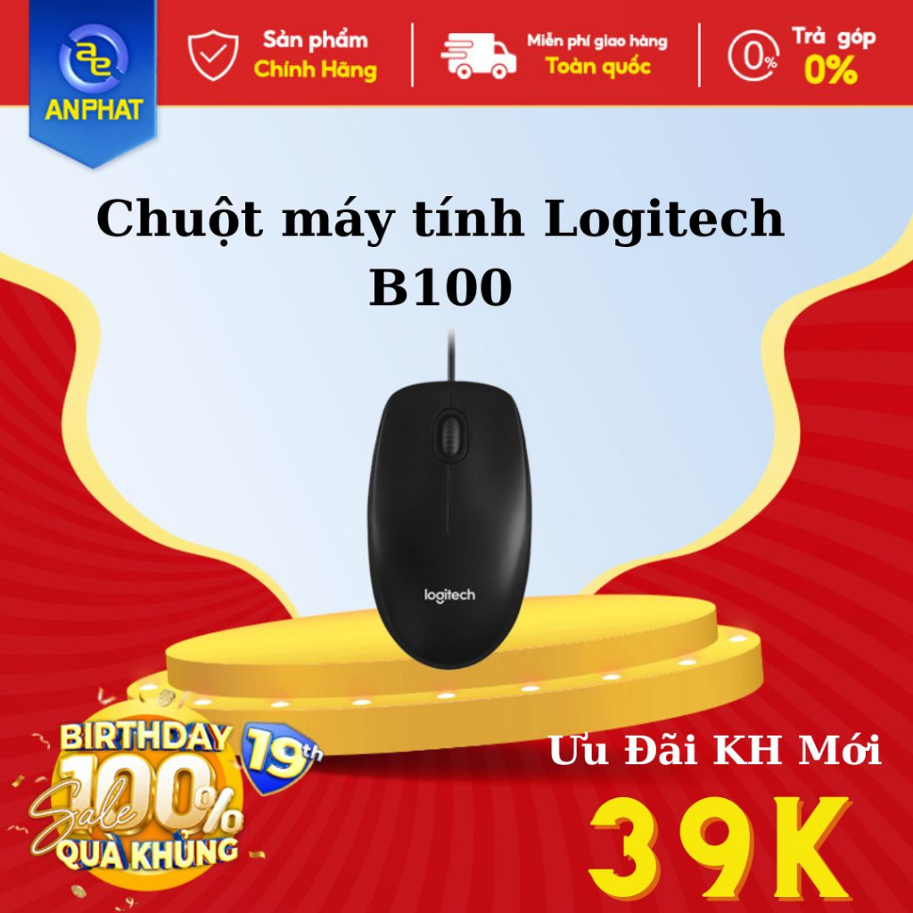 Chuột máy tính Logitech B100 Đen 800dpi - BH 36 tháng