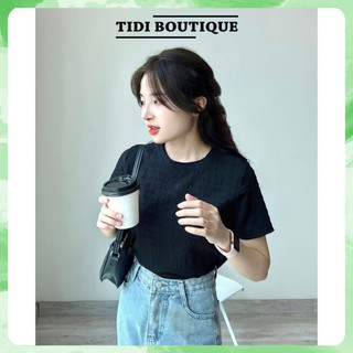 Áo thun vải xốp nhăn cổ tròn dáng ôm vừa ngắn tay basic