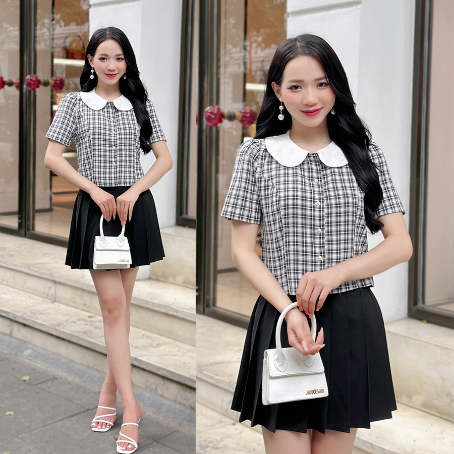 [ Ảnh thật + video ] Áo kẻ phối cổ sen so cute