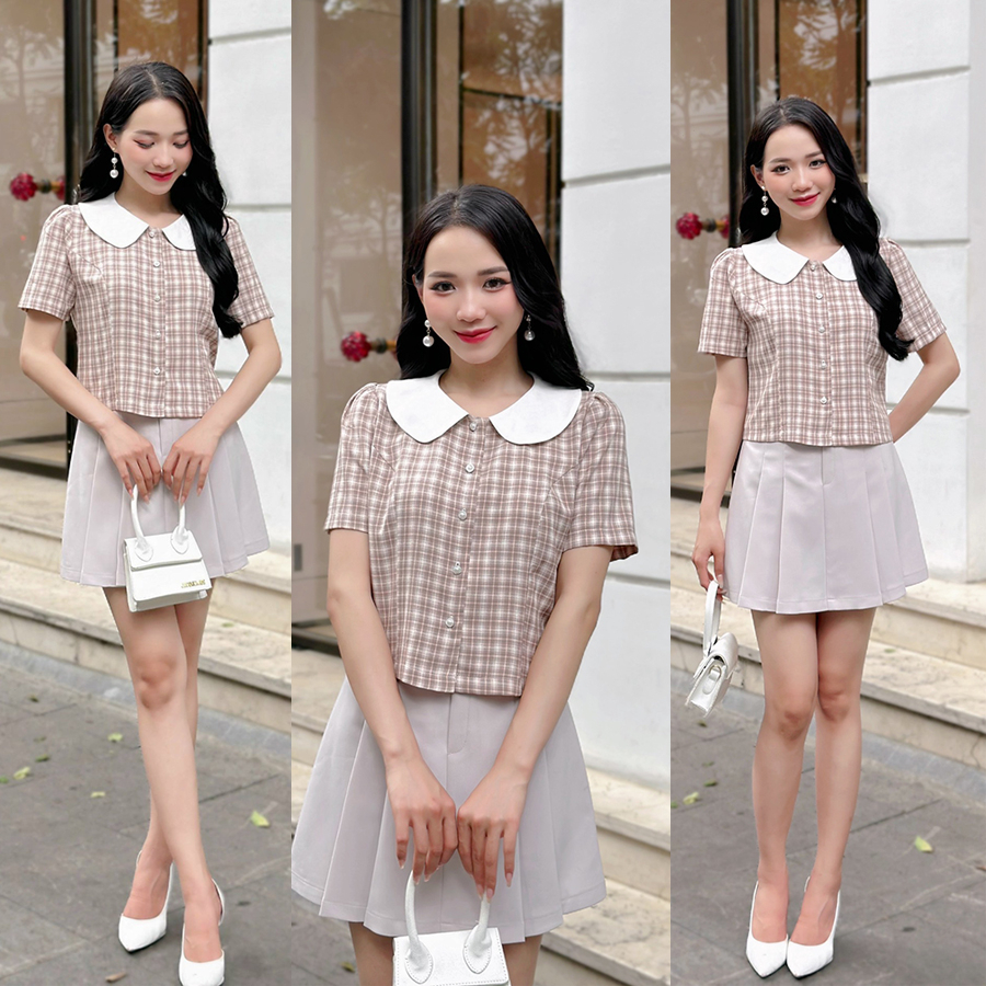[ Ảnh thật + video ] Áo kẻ phối cổ sen so cute