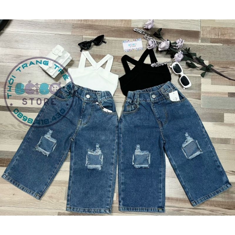 Bộ quần jean ống rộng rách gối và áo hai dây cho bé gái