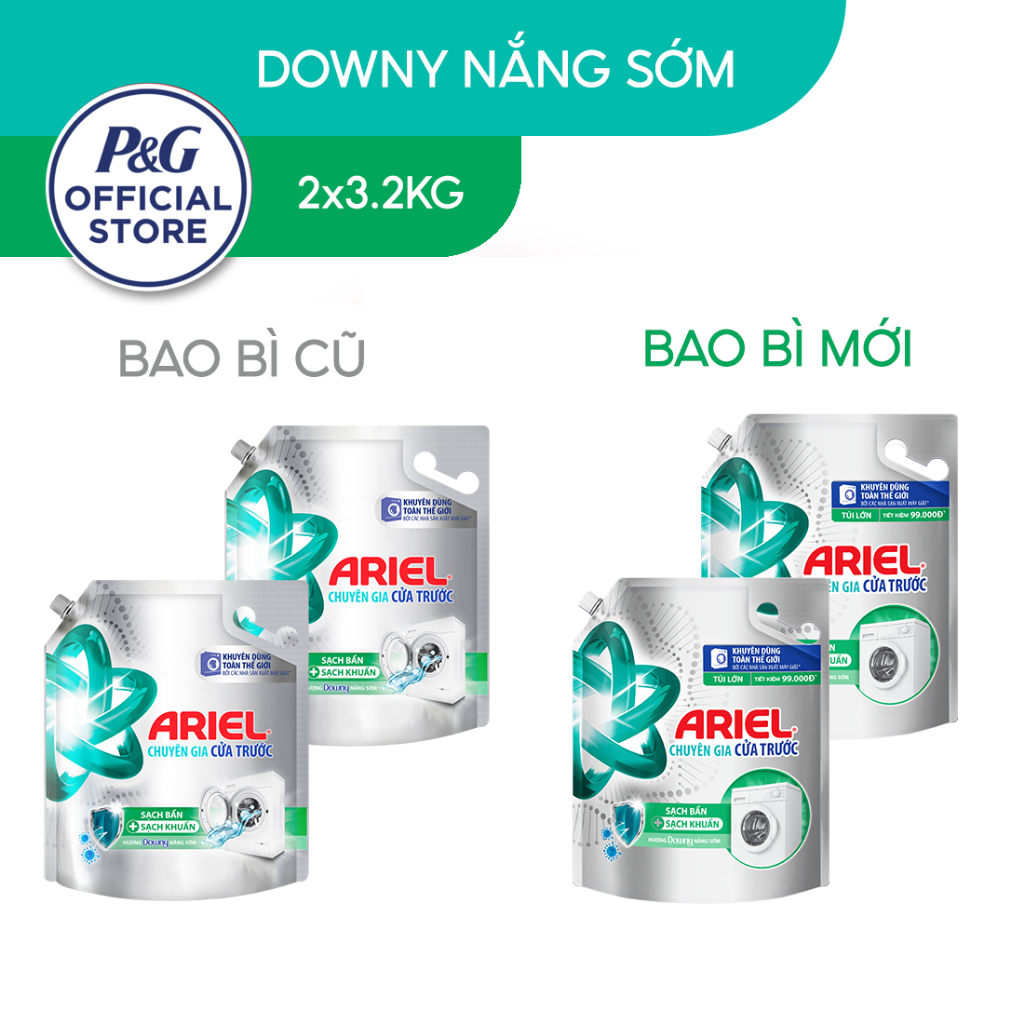 Combo 2 Túi Nước Giặt Ariel Cửa Trước Hương Downy nắng sớm 3.2Kg/túi