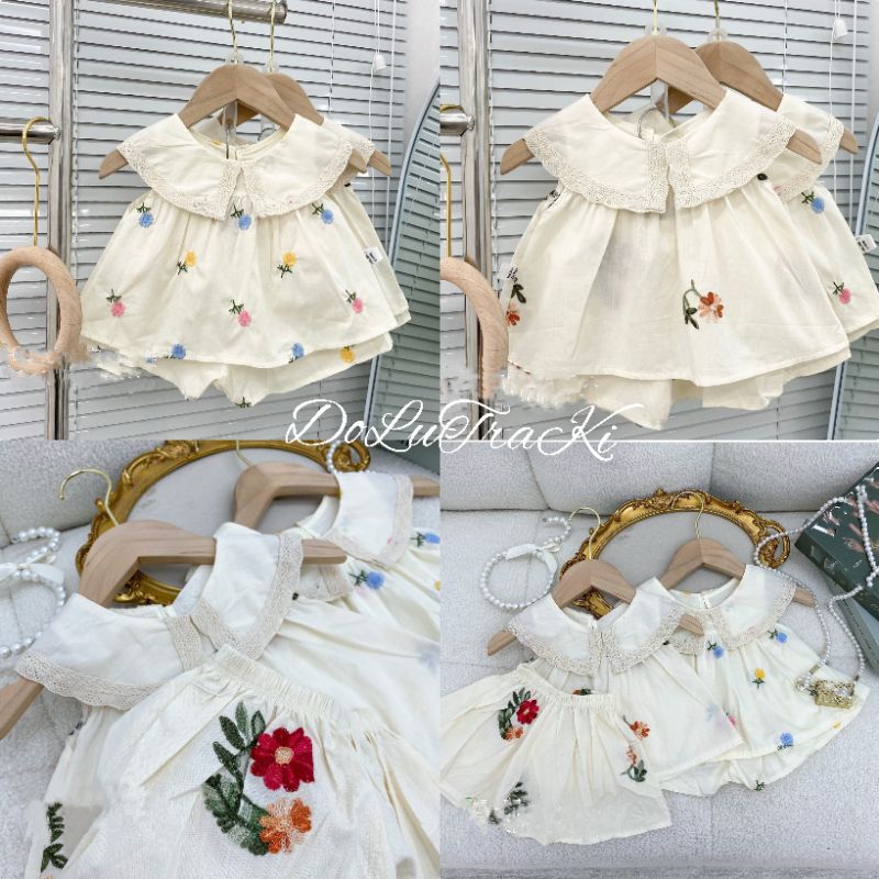 Bộ hoa thêu phối ren xinh xắn dễ thương bé gái. (hàng shop xịn đẹp)