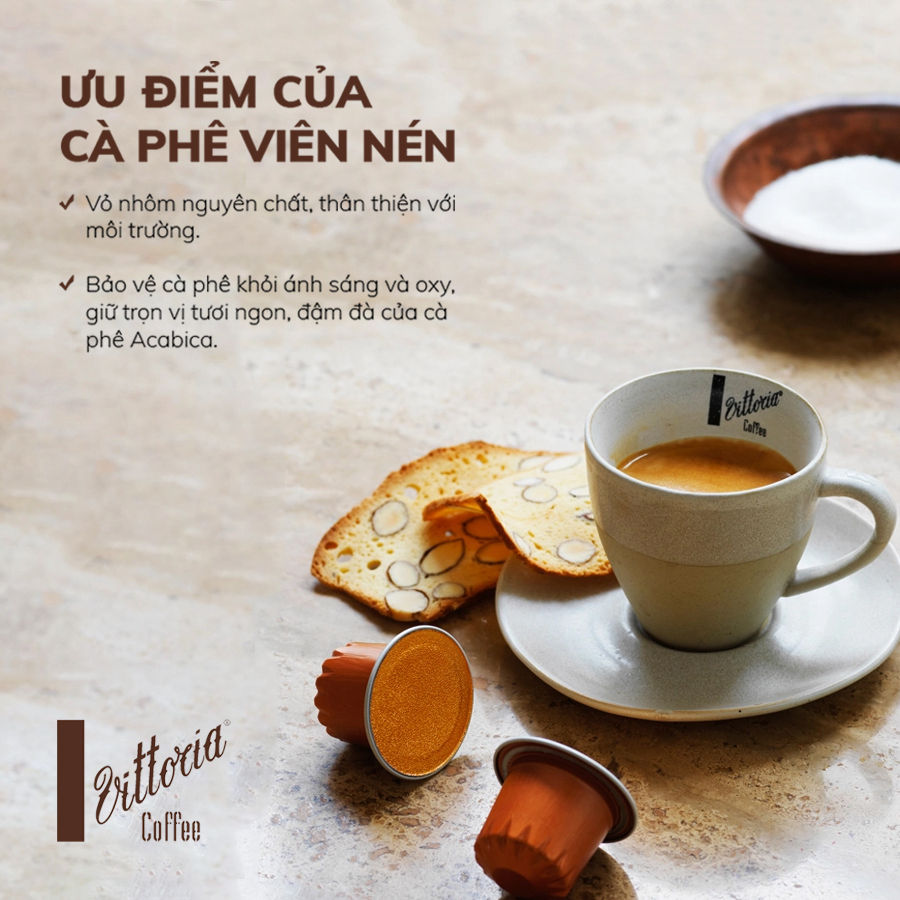 Cà phê viên nén Vittoria 100% Arabica, Viên nén cà phê nhập khẩu Úc dùng cho máy pha cà phê viên, hộp 10 viên
